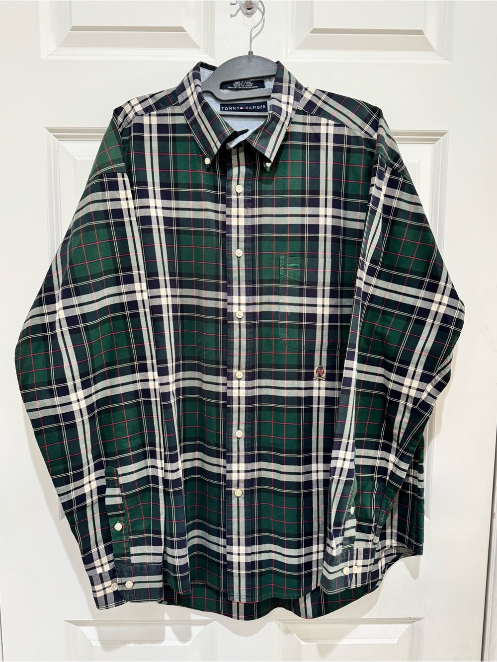 Tommy Hilfiger Men’s Green Plaid Button-Down Cotton Shirt - Size L